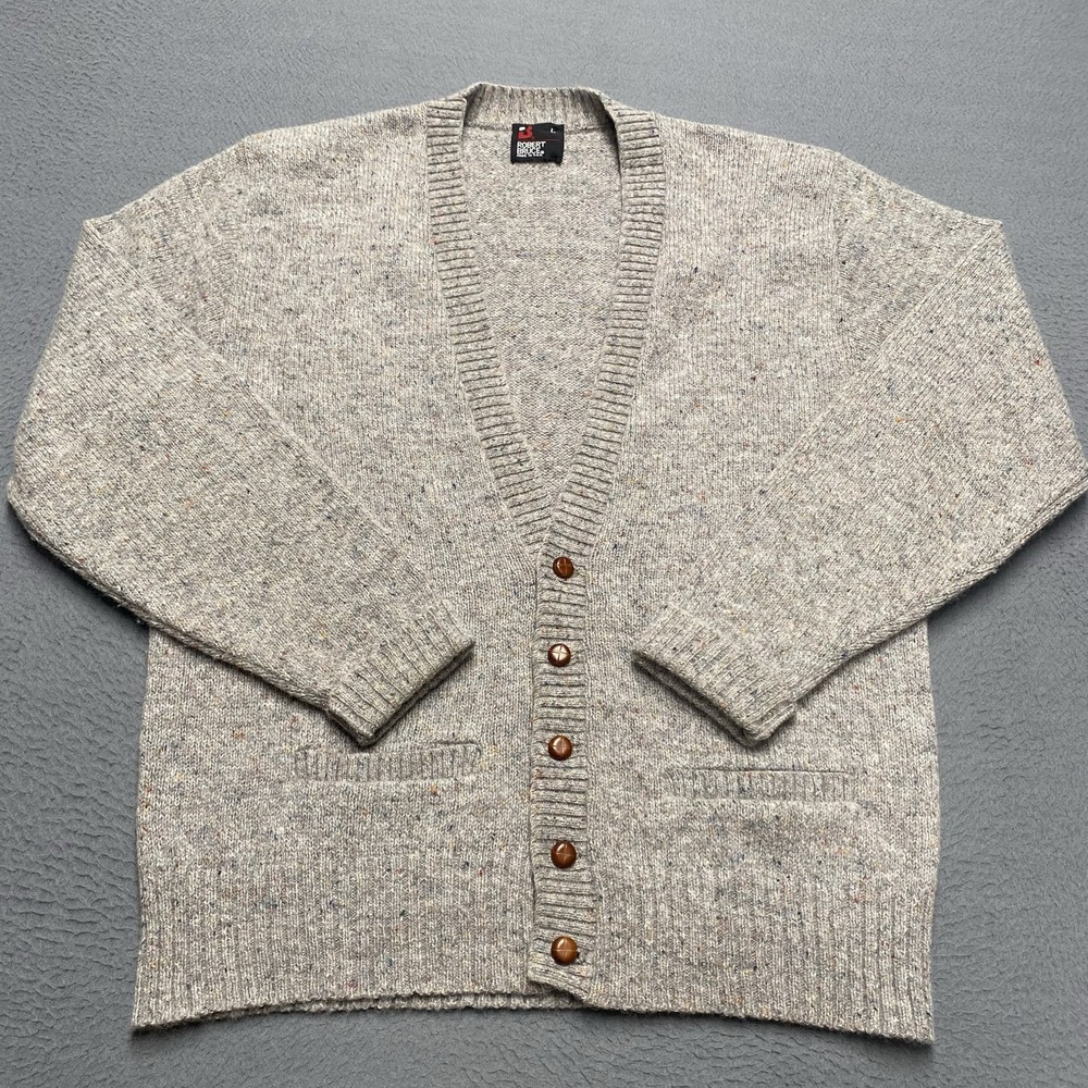 Vintage Robert Bruce Sweater Cardigan Mens Large Gray Wool Knit USA Pockets